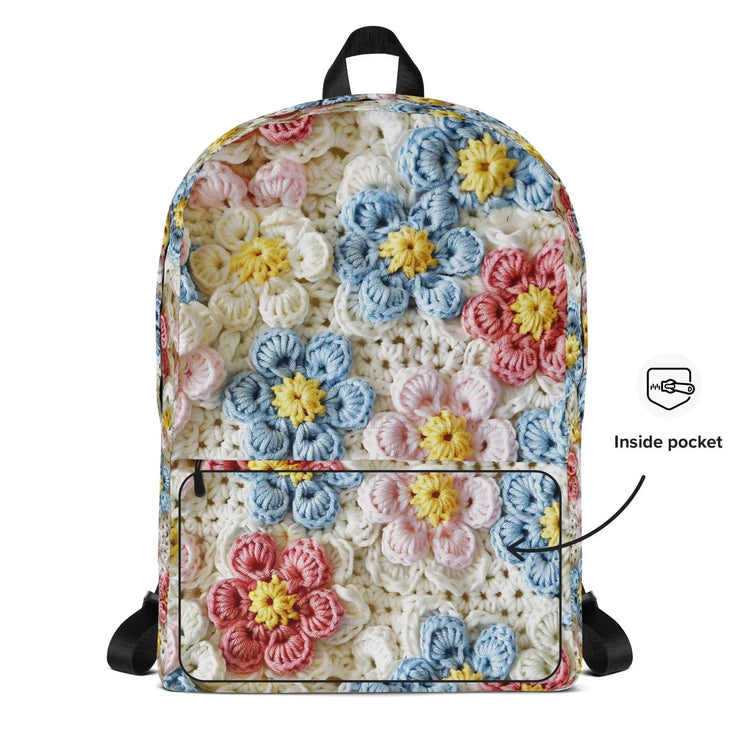 Backpack, Crotchet pastel flower all over print back to school work gym travel all purpose stylish carry with you backsack book laptop bag The Aurora Touch