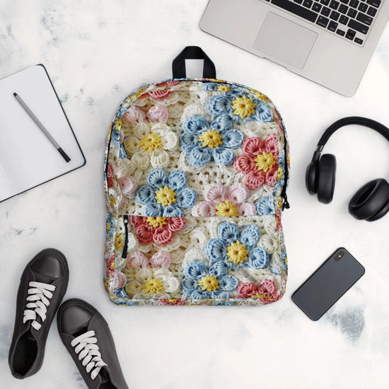 Backpack, Crotchet pastel flower all over print back to school work gym travel all purpose stylish carry with you backsack book laptop bag The Aurora Touch