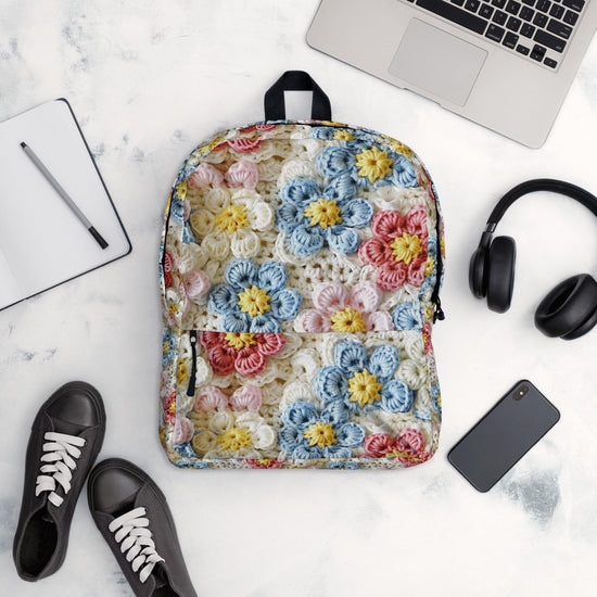 Backpack, Crotchet pastel flower all over print back to school work gym travel all purpose stylish carry with you backsack book laptop bag