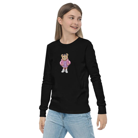 Youth long sleeve tee, Female child cute adorable fashion girlie Teddy Bear design wear for everyday casual classroom playground school day The Aurora Touch