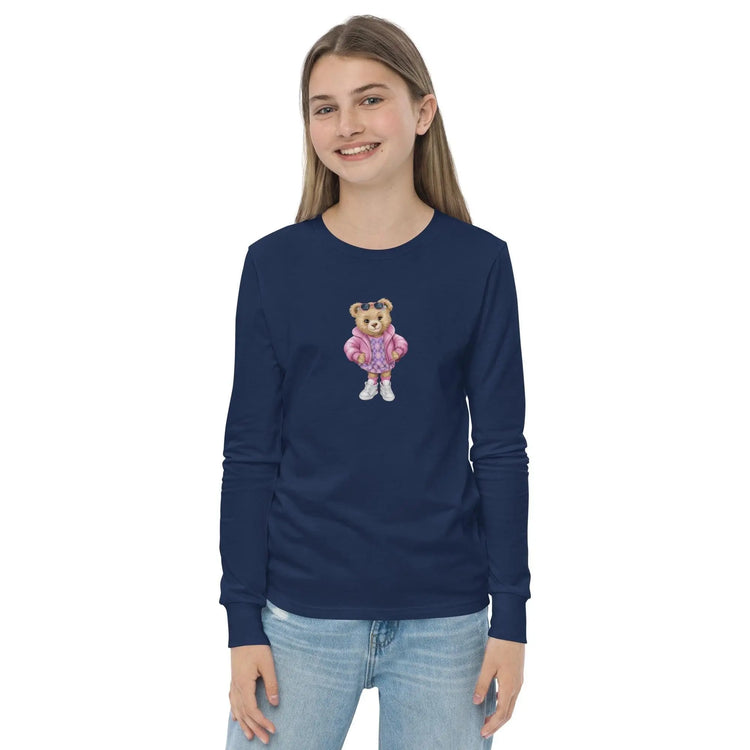 Youth long sleeve tee, Female child cute adorable fashion girlie Teddy Bear design wear for everyday casual classroom playground school day The Aurora Touch