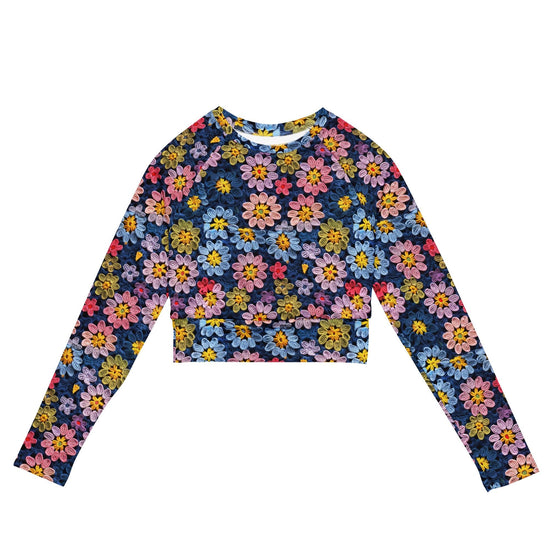 Recycled long-sleeve crop top, sexy crotchet sporty casual jean shorts everyday all activity stylish floral design crop top great for gift