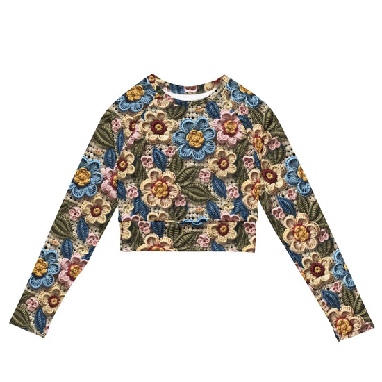 Recycled long-sleeve crop top, floral stylish crotchet design sporty cute verstaile leisure sport travel great gift all occassion crop top