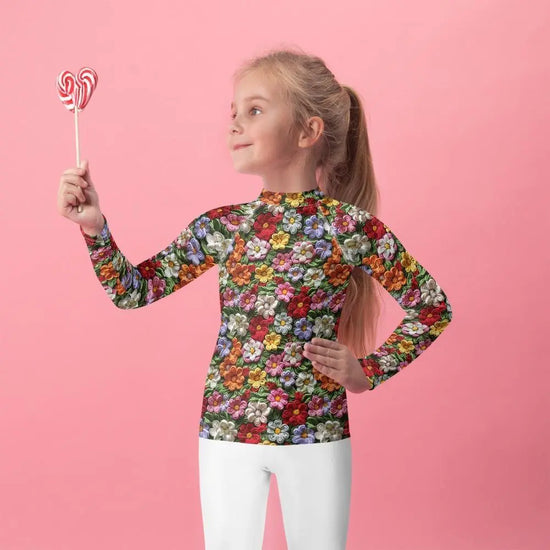Kids Rash Guard, Floral crotchect colorful soft pattern litle girl spandex polyester fitted everyday school playground classroom clothing The Aurora Touch