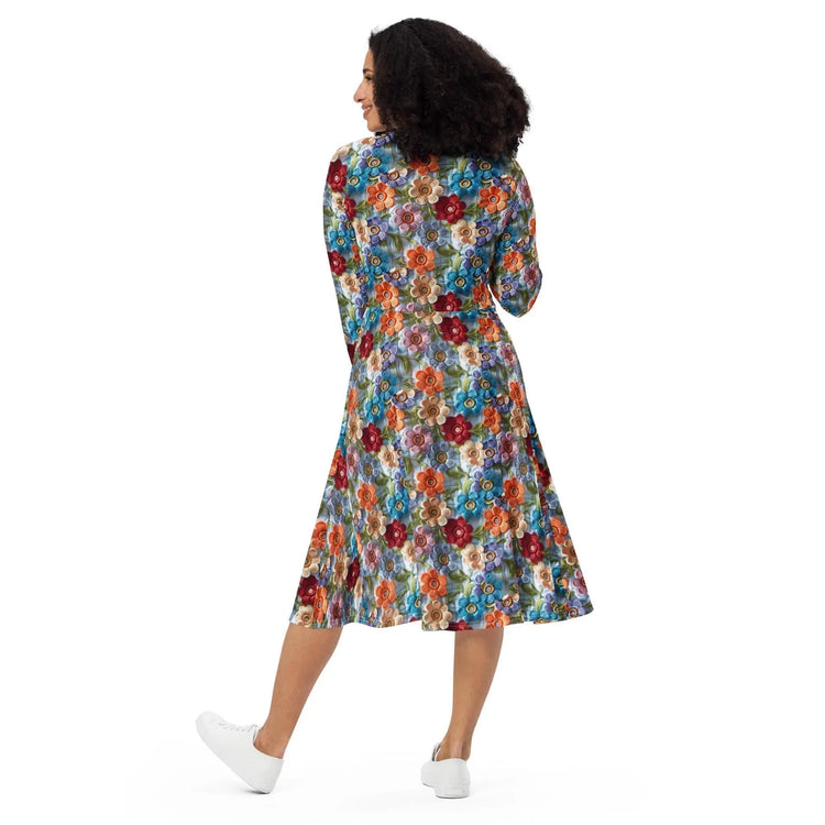All-over print long sleeve midi dress, school work party fashion style floral crotchet allover pretty pattern design clothing attire The Aurora Touch