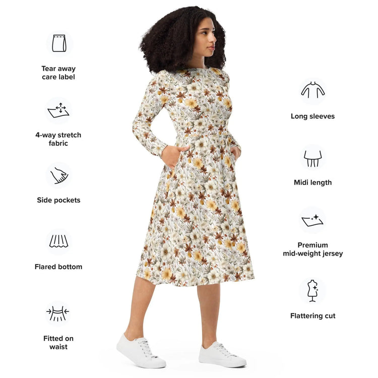 All-over print long sleeve midi dress, Floral autumn fall print pattern design casual fancy office dinner party female clothing wear outfit The Aurora Touch