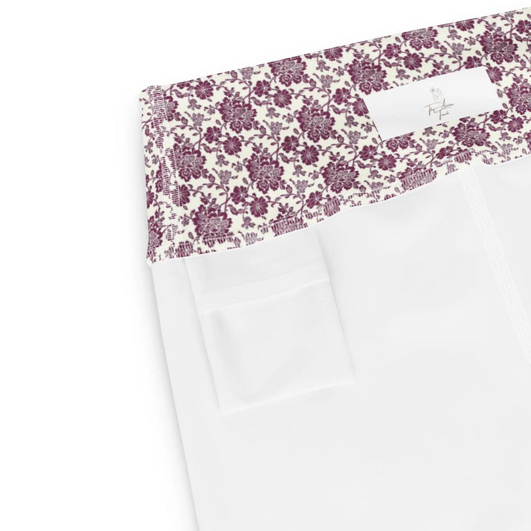 Yoga Leggings, Burgandy floral all over pattern design stretchy comfy flexible workout gym casual stylish pants The Aurora Touch