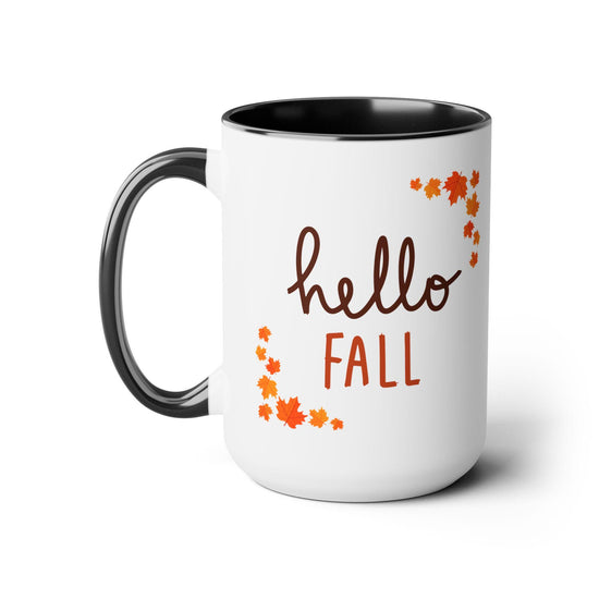 Tazas de café de dos tonos, 15 oz, Hello Fall, asa de color minimalista, gran decoración de cocina con temática navideña, taza de té caliente con chocolate caliente y espíritu otoñal