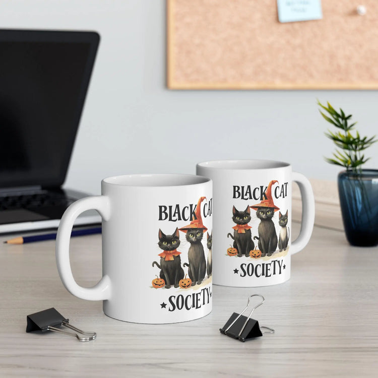 Ceramic Mug 11oz, Black cat society novelty kitty witches cute design hallowen holiday coffee tea cozy kitchen decor beverage cup The Aurora Touch