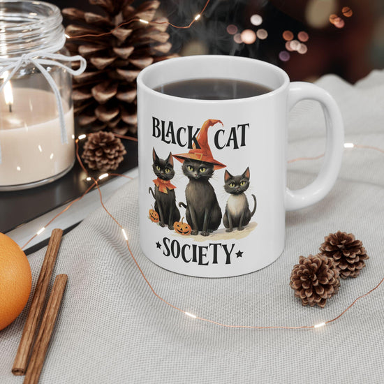 Ceramic Mug 11oz, Black cat society novelty kitty witches cute design hallowen holiday coffee tea cozy kitchen decor beverage cup