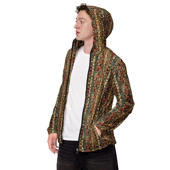 Men’s windbreaker, Radiant native tribal design pattern all weather casual stylish fabric any occassion over long short sleeve shirt jacket The Aurora Touch