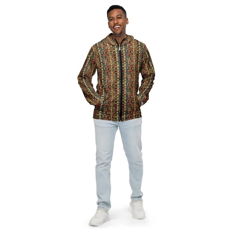 Men’s windbreaker, Radiant native tribal design pattern all weather casual stylish fabric any occassion over long short sleeve shirt jacket The Aurora Touch