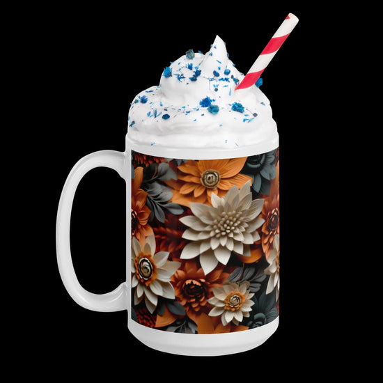 Fall 3D floral white glossy mug Autumn holiday colored coffee tea hot chocolate office home kitchen accent everyday casual beverage cup The Aurora Touch