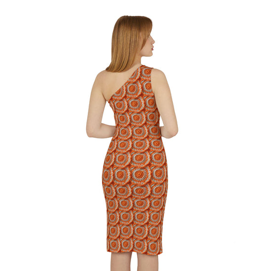 Shoulder Dress (AOP), Orange bright crotchet all over patter design cocktail knee high sexy seemless dinner special event outfit