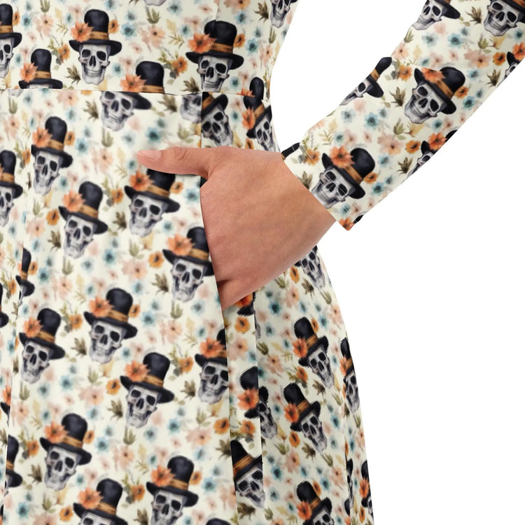 Gothic Floral Skull midi dress all-over print long sleeve casual dinner date comfortable holiday Halloween spirit waist trimming outfit The Aurora Touch