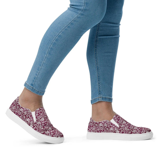 Women’s slip-on canvas shoes, Burgandy white lace canvas designer look casual cute jean skirt jogger pants slip-on rubber sole shoe