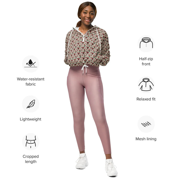 Women’s cropped windbreaker red roses all over print sylish everyday versatile teen adult fashionista clothing all occasion sporty wear The Aurora Touch