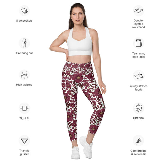 High-Waisted Leggings with Pockets | Recycled Polyester Floral all over Print Pattern Workout Pants | UPF 50+ Compression Yoga Tights