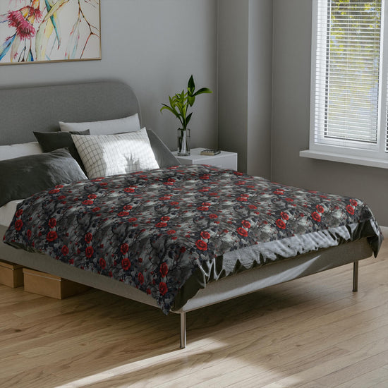 Velveteen Blanket - Soft Cozy Microfiber Gothic Throw for Stylish Bedroom, Family Room - Red Black Colored Designer Bedding, Christmas Gift,