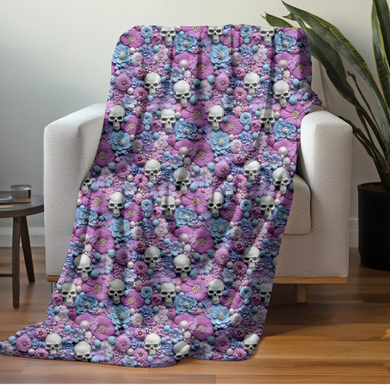 Gothic Plush Blanket, Day of the Dead Sugar Skull Purple Accent Throw, Halloween Home Decor, Velveteen Cozy Blanket