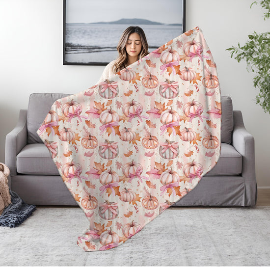 Pink pumpkin fall throw blanket pattern print design couch chair pretty room home holiday decor pastel color silky smooth bedspread blankie