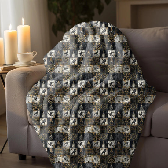 Throw Blanket, Gothic fall halloween skeleton print pattern eye catching fashion look couch bed TV room gathering cozy night cuddle blanket The Aurora Touch