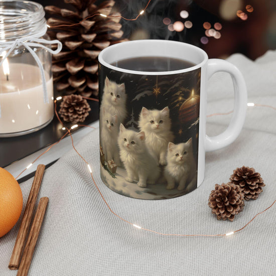 Charming 11oz Ceramic Christmas Mug for Cat Lovers - White Cats Holiday Gift - Perfect for Hot Cocoa & Tea