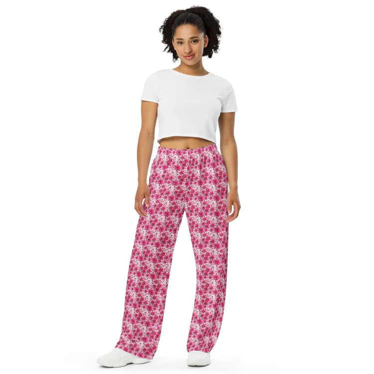 Pink Floral 3D Wide-Leg Pants | All-Over Print Casual Lounge Wear | High-Quality Women&