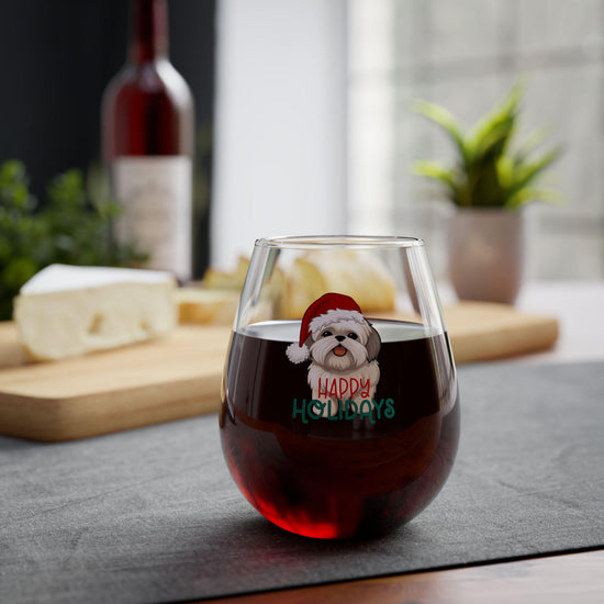 Shitzu Stemless Wine Glass, 11.75oz - Dog Lover Party Red Wine Glass, Xmas Gift, Holiday Glassware, Cute Animal Glass, Pet Owner Present