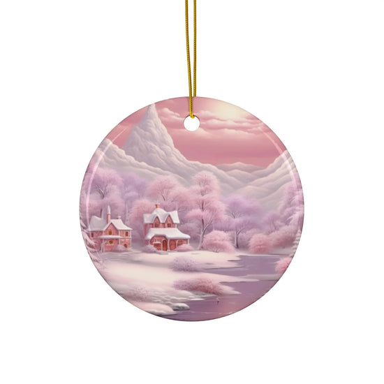 Holiday Ceramic Ornament, Snowflake & Round Shape, Pink Christmas Scene, Tree Decor, Xmas Gift, Home Decor The Aurora Touch
