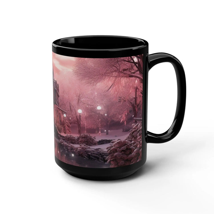 Holiday Scene Black Mug, 15oz, Pink Xmas Mystic Holiday Stylish Designer Home Office Coffee Tea Hot Beverage Cup The Aurora Touch
