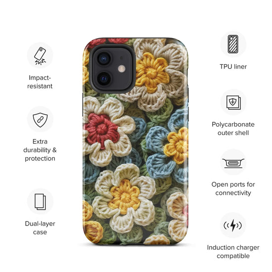 Tough Case for iPhone®, crotchet floral stylish fabric statement look design strong iphone 14 iphone 15 hard phone cover