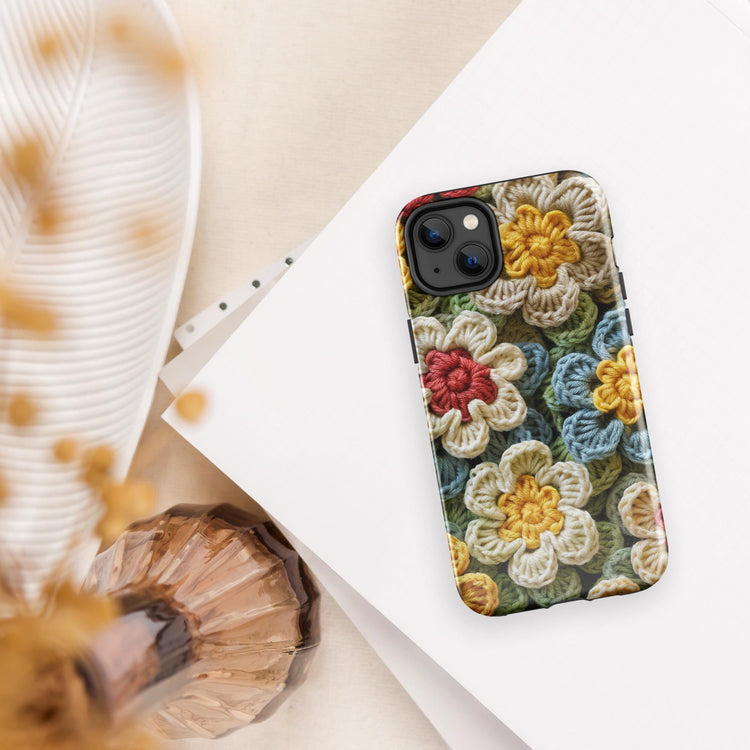 Tough Case for iPhone®, crotchet floral stylish fabric statement look design strong iphone 14 iphone 15 hard phone cover