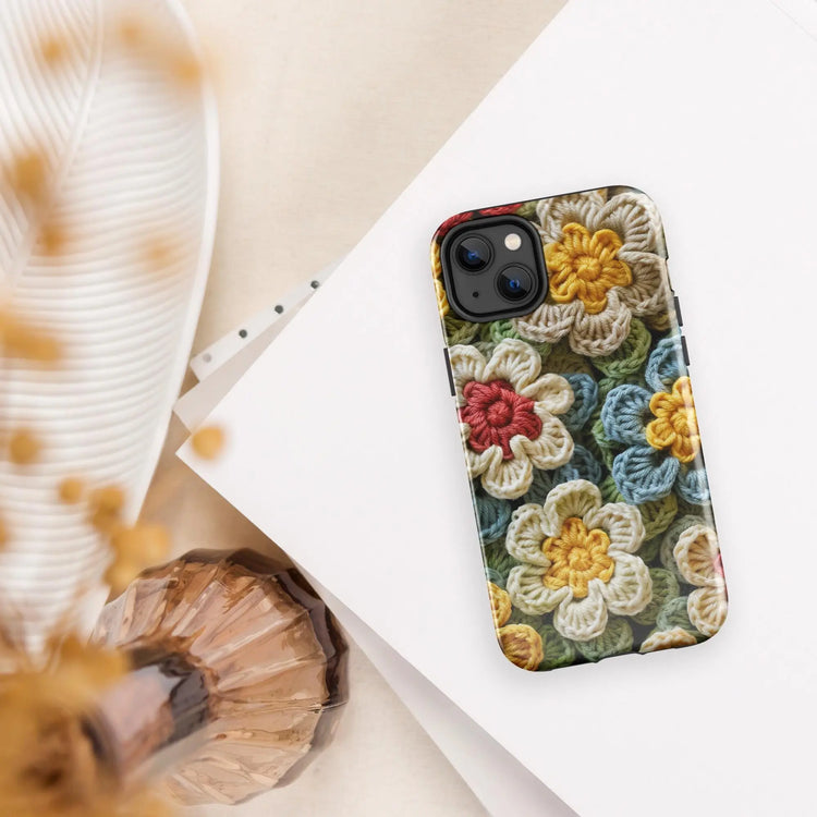 Tough Case for iPhone®, crotchet floral stylish fabric statement look design strong iphone 14 iphone 15 hard phone cover