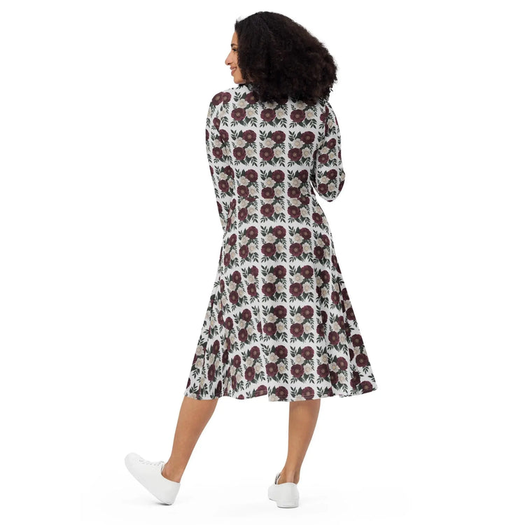 Floral All-Over Print Long Sleeve Midi Dress with Pockets – Feminine Fit & Flared Style The Aurora Touch