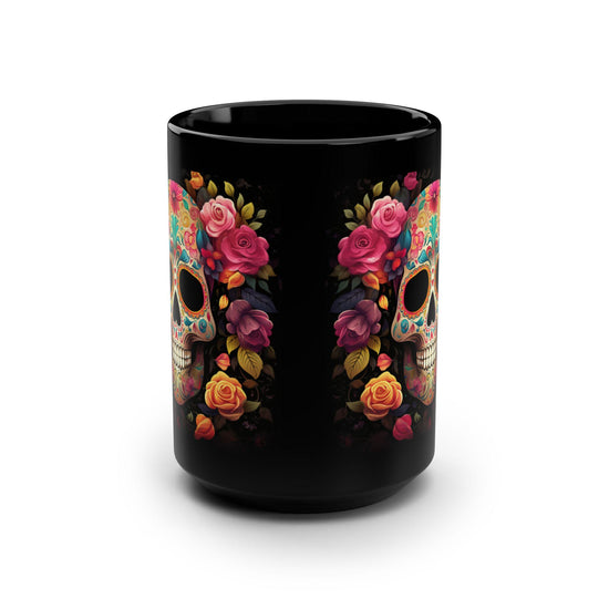 Black Mug, 15oz, Day of The Dead, Dia de Los Muertos, Halloween Mug, Dark Mug, Large Coffee Mug, Festive Mug, Holiday Mug