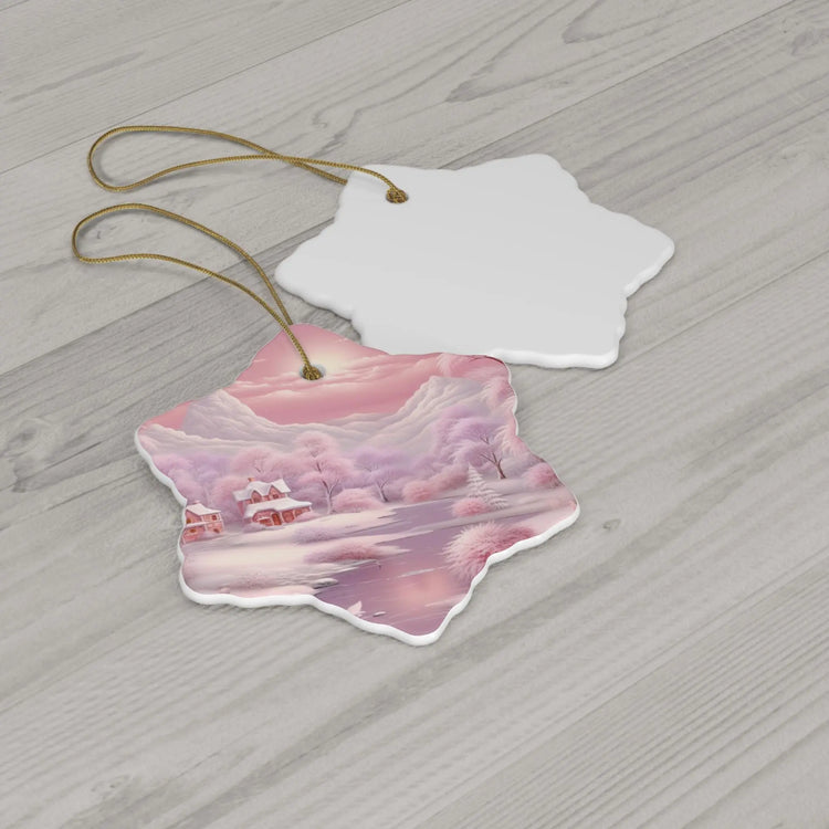 Holiday Ceramic Ornament, Snowflake & Round Shape, Pink Christmas Scene, Tree Decor, Xmas Gift, Home Decor The Aurora Touch