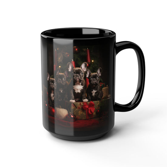 Holiday Frenchie Dog 15oz Black Mug - Pet Lovers Christmas Gift, Coffee Tea Cup for Doctors and Vet Office, Holiday Dogs Mug