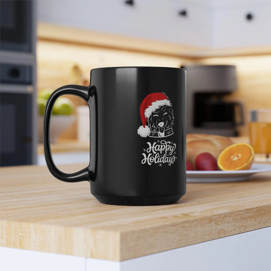 Dog Lover Mug, Happy Holiday Black Mug, 15oz, Doggy Santa Design Large Coffee Mug, Xmas Gift, Kitchen Mug, Party Gift, Holiday Mug, The Aurora Touch