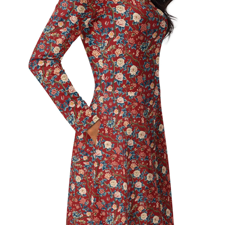 Chinoiserie All-Over Print Long Sleeve Midi Dress – Elegant Bohemian Chic Fashion The Aurora Touch