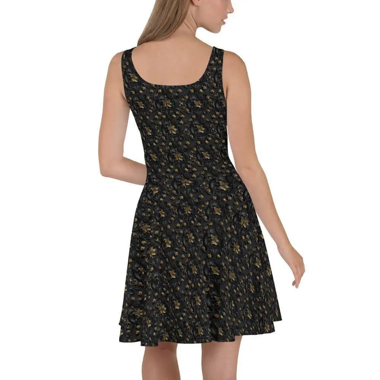 Sophisticated 3D Raised Black & Gold Luxury Skater Dress - Elegant Couture Evening Casual Wear for Special Occasions The Aurora Touch