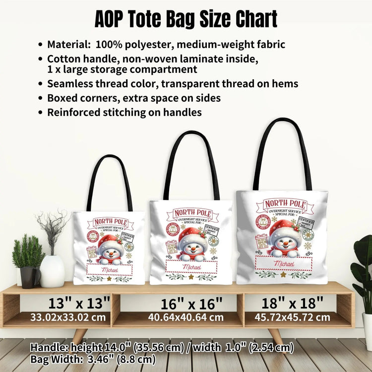 Personalized North Pole Tote Bag, Holiday Gift, Christmas Shopping Bag, Snowman Design, Festive Reusable Shopper