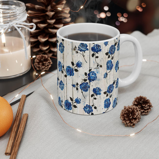 Vintage Floral Blue Roses Mug | Boho Decor, Gift for Her, Coffee Lover, Home Office, Mother&