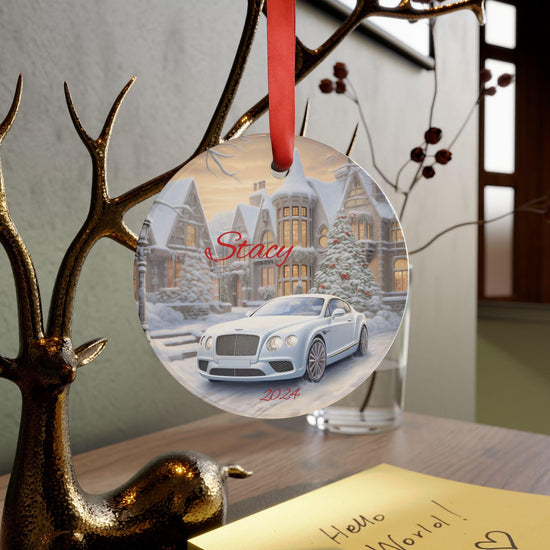 Personalized Acrylic Ornament with Car and Winter Wonderland Scene, Holiday Decor, Christmas Gift, Customized Keepsake, White Bentley