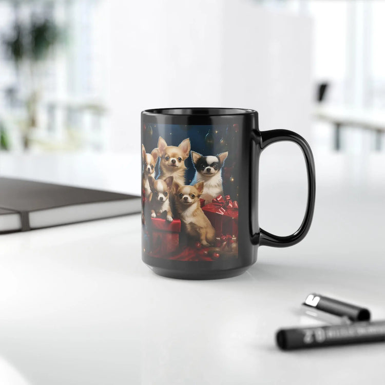 Black Mug, 15oz, Puppy Mug, Holiday Mug, Xmas tree, Puppy Art, Coffee Mug, Pet Lover Mug, Xmas Novelty Mug, Best Gift, Office Mug The Aurora Touch