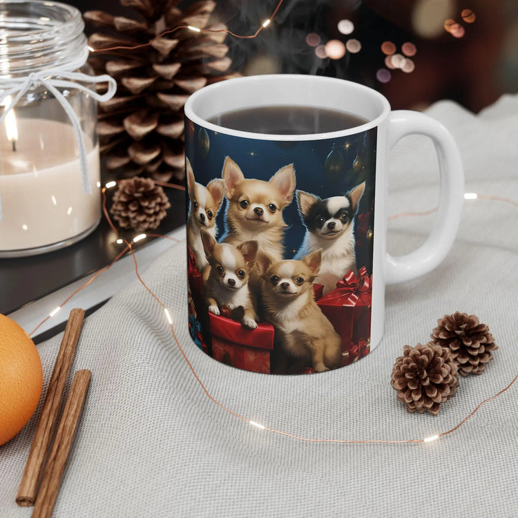 Ceramic Mug 11oz, Puppy Xmas, Holiday Mug, Designer Mug, Chihuahua Dog, Holiday Coffee Mug, Nurse Xmas gift, Neighbor gift The Aurora Touch