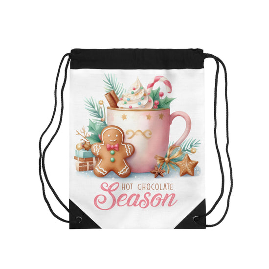 Hot Chocolate Season Drawstring Bag | Cozy Winter Accessory, Cute Holiday Gift, Seasonal Tote, Christmas Gift Idea, Gingerbread Design