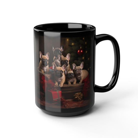 Holiday Frenchie Puppy Black Mug, 15oz - Christmas Gift, Tea Cup, Novelty Mug, Gift for Mom, Gift for her