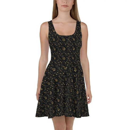 Sophisticated 3D Raised Black & Gold Luxury Skater Dress - Elegant Couture Evening Casual Wear for Special Occasions