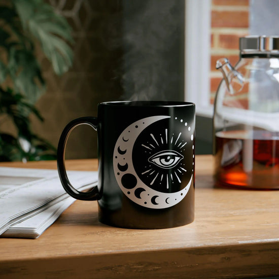 Celestial Black Mug - Eye and Moon Coffee Mug, Astrological Mystical Art, Magical Gift, Celestial Design Drinking Mug, Celestial Mug The Aurora Touch